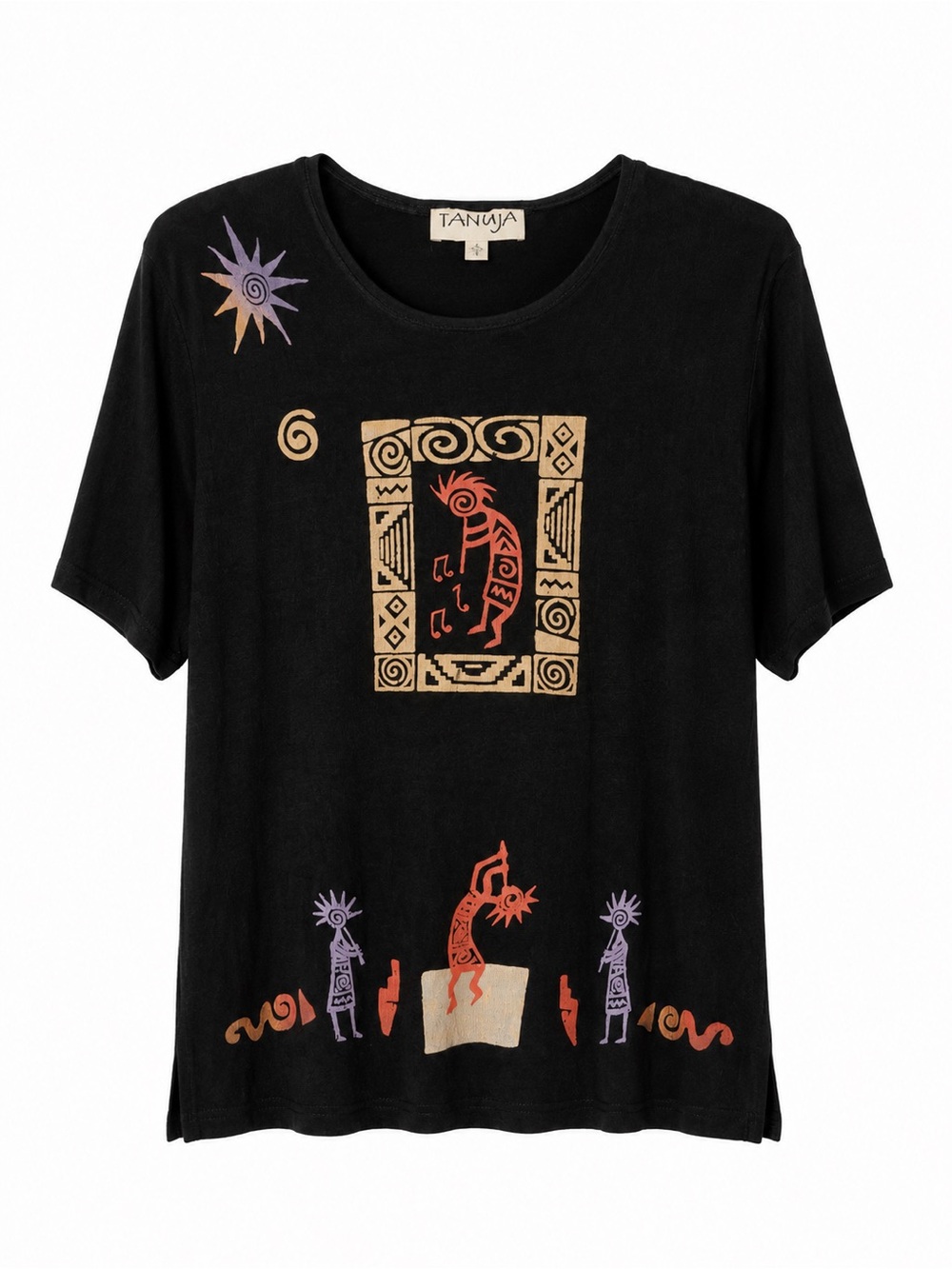Tanuja Dior Southwestern Graphic Tee Kokopelli Knit Size M Black VTG 90s African